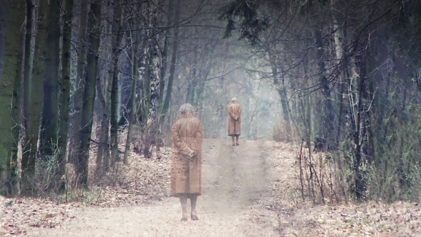 Two images of an older person facing away from the camera, walking into the forest, both are faded