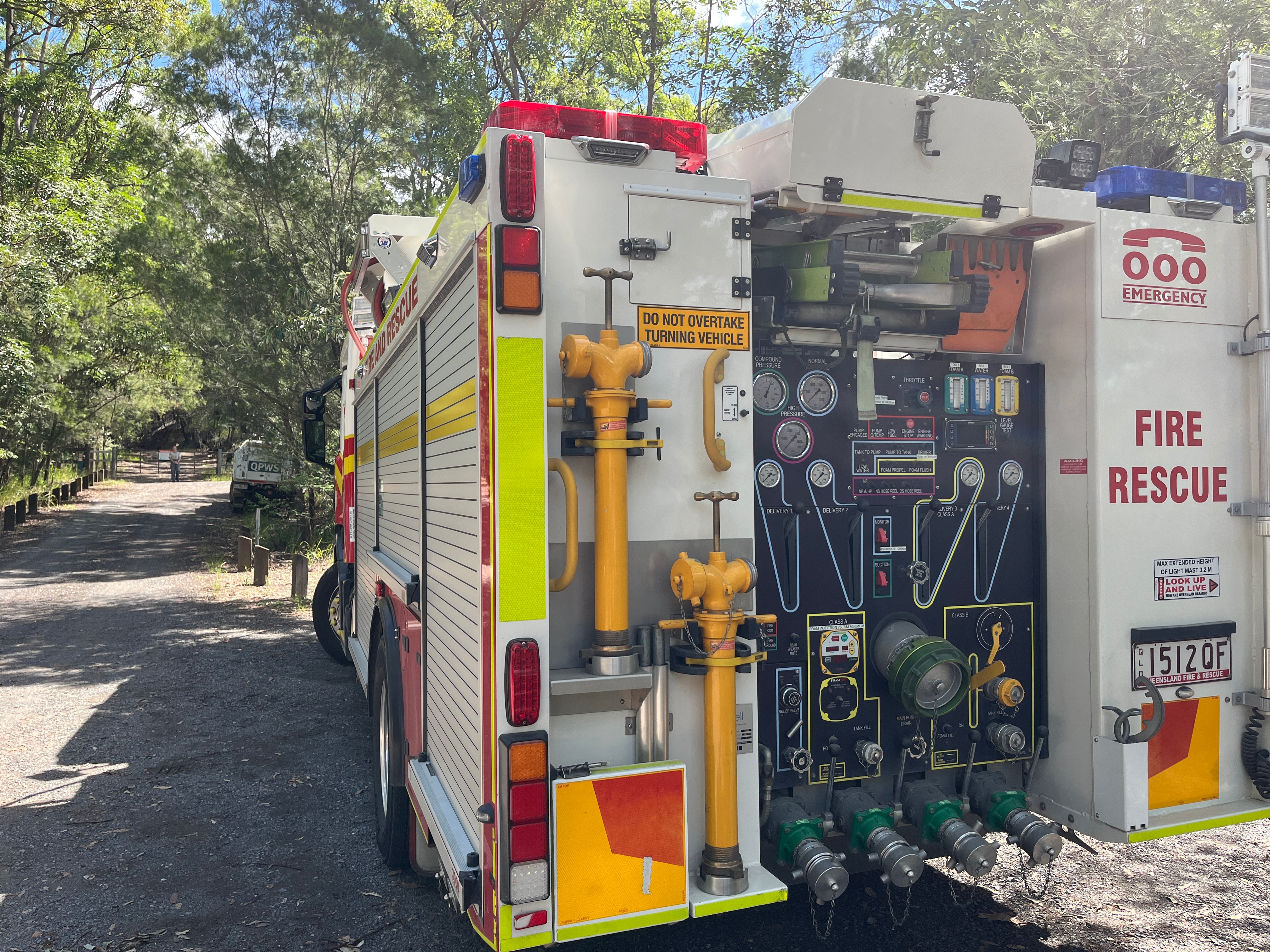 Back of a packed fire truck.