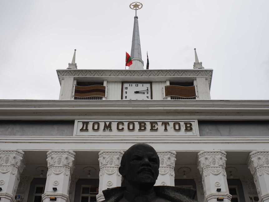 The head of a statue of Lenin is pictured in front of the town hall in Tiraspol.