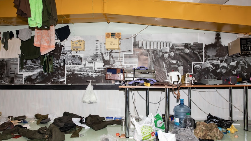 A ransacked office at the Chernobyl nuclear plant, left by Russian ocupying troops