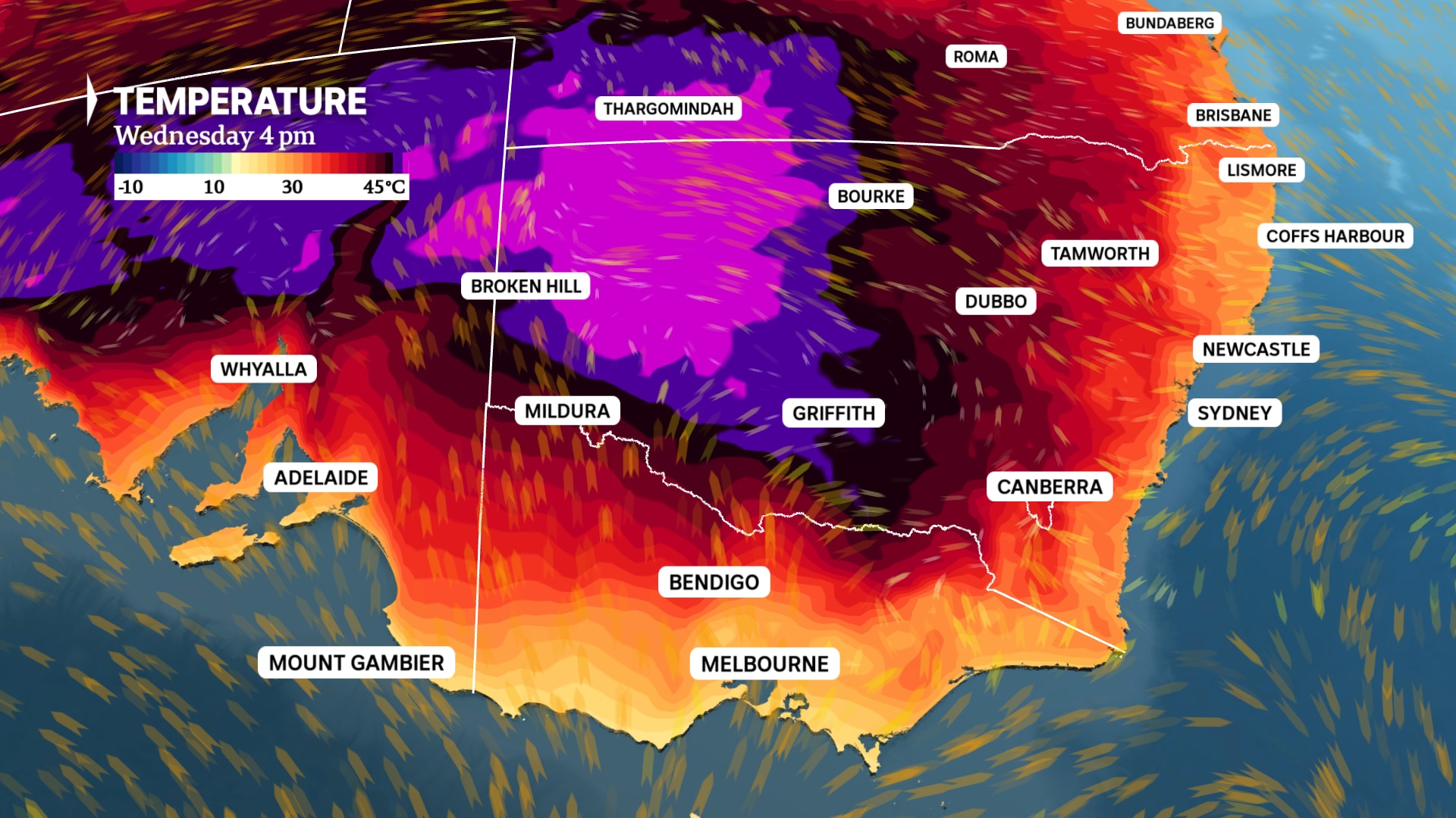 El clima muestra que el aire más caliente se desplazará ligeramente hacia el norte y noroeste de Nueva Gales del Sur el miércoles.
