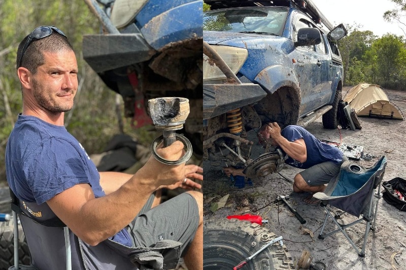 Composite of two photos of man holding up broken car part and man under car body with tyre off