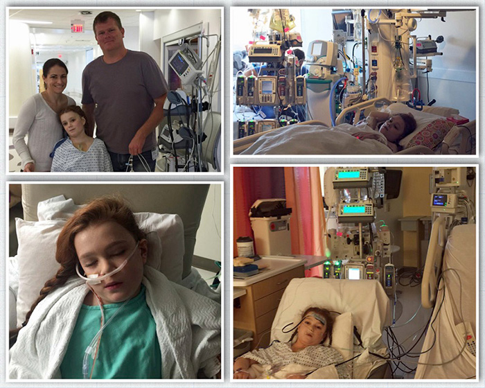 A collage of photos of Phelicity Sneesby in hospital and with her parents.