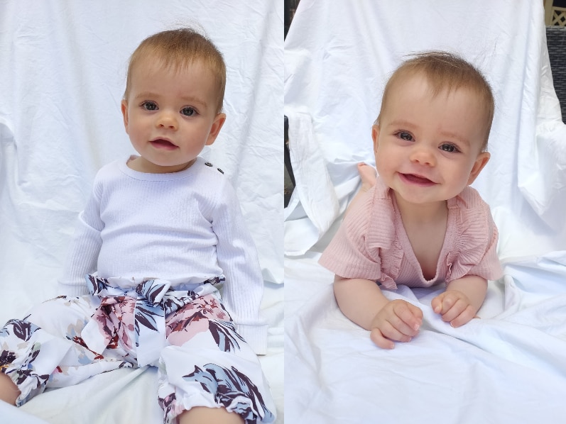 A baby in two photos side-by-side. She is wearing a white shirt in one photo and smiling wearing a pink shirt in the other.