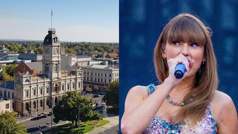 Aerial view of Ballarat historic buildings and Taylor Swift performing on stage.