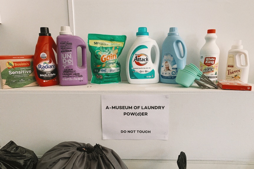 Laundry products lined up on a shelf.