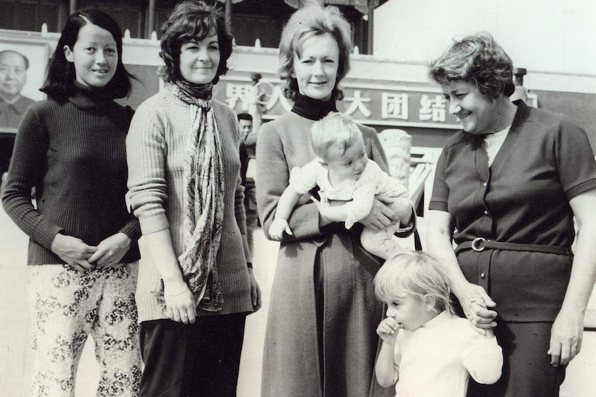 Shelley Warner, second from the left, poses with Australian Embassy Staff in Tiananmen Square, in April 1973.