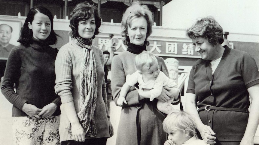 Shelley Warner, second from the left, poses with Australian Embassy Staff in Tiananmen Square, in April 1973.