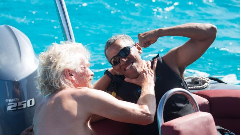 Barack Obama jokes around with Richard Branson during his stay on Moskito Island.