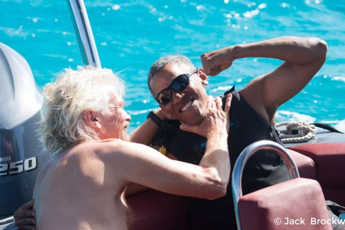 Barack Obama jokes around with Richard Branson during his stay on Moskito Island.