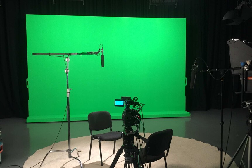 Camera equipment and green screen set up in ABC studio for filming interviews for The Siege programs.