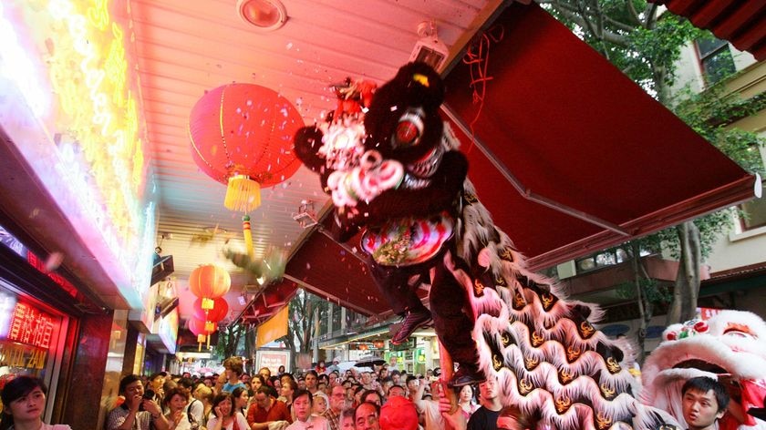 Members of the Australian Chinese community watch as Chinese dancing dragons perform (AAP: Sergio Dionisio)