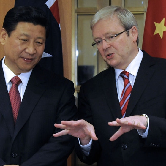 Prime Minister Kevin Rudd (right) speaks to Chinese vice-president Xi Jinping in Canberra on June 21