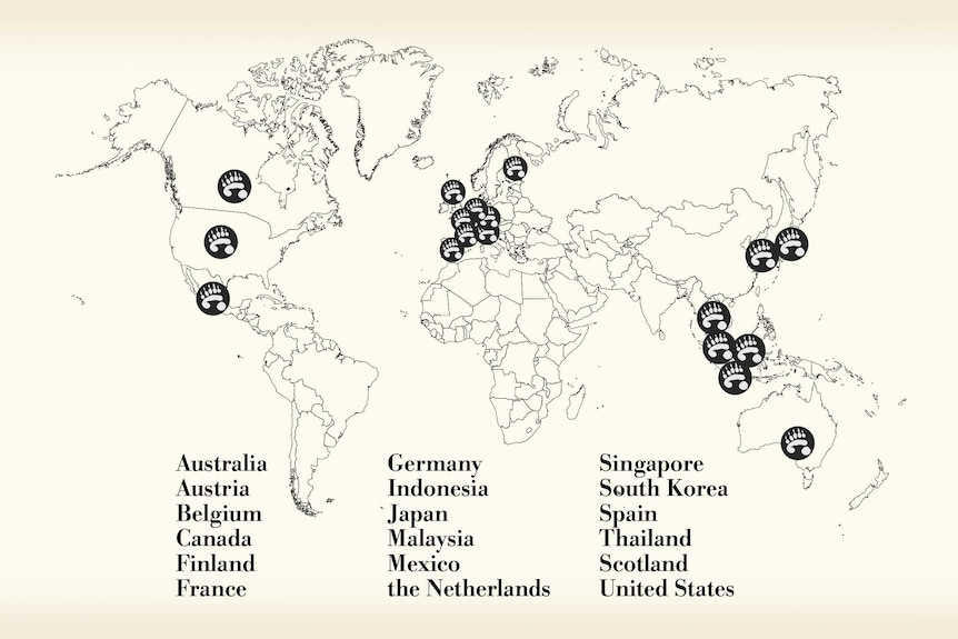 A map showing the countries where pandas are located, including the United States, Japan and South Korea.