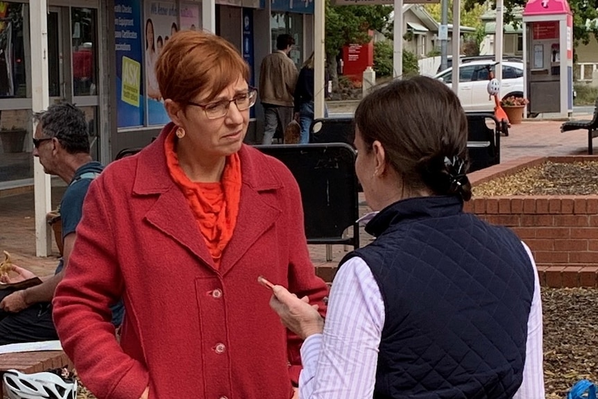 Two women talk.