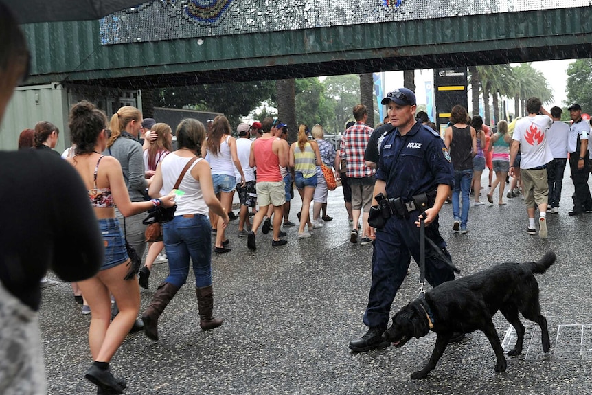 A police officer with a dog walks near young people.