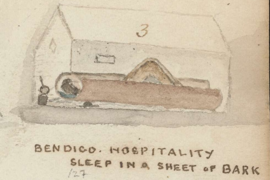 An illustration of a person sleeping inside a rolled sheet of bark.