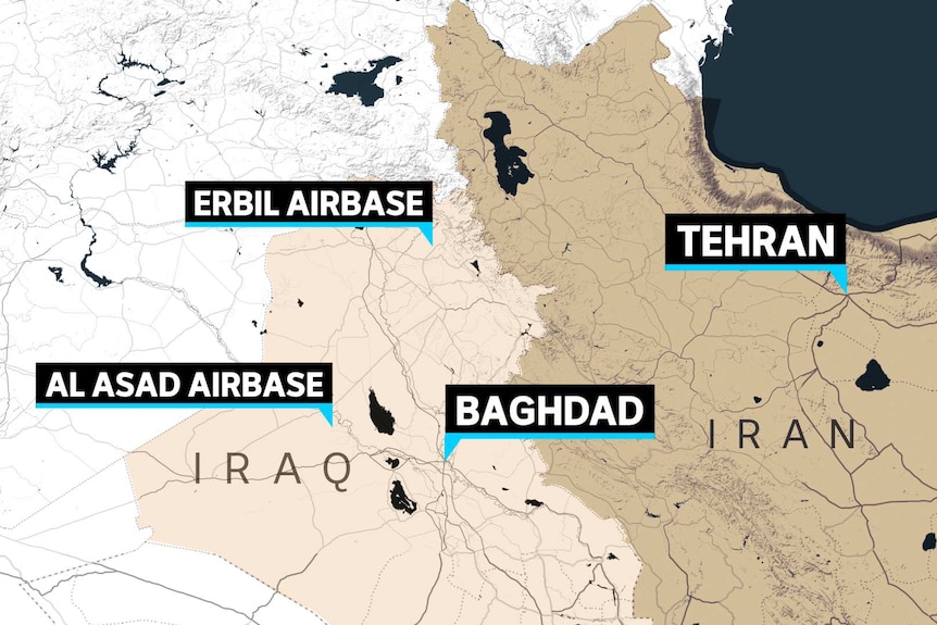 Map shows Al Asad airbase, Erbil Airbase, Tehran and Baghdad.
