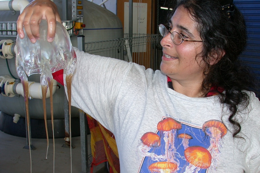 Dr Lisa Gershwin in a white tshirt holding a large box jellyfish by its bell in her right hand