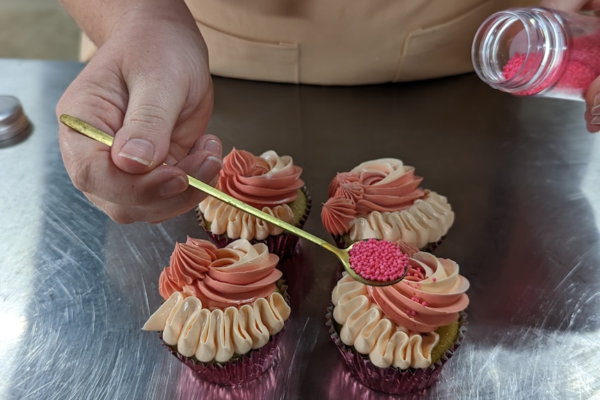 Hayley Pokorzynski's french-tip manicured hand holds a golden teaspoon to shake hot pink sprinkles on to pink iced cupcak