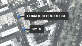 Overhead image showing the location of the Charlie Hebdo office at 10 rue Nicolas-Appert.