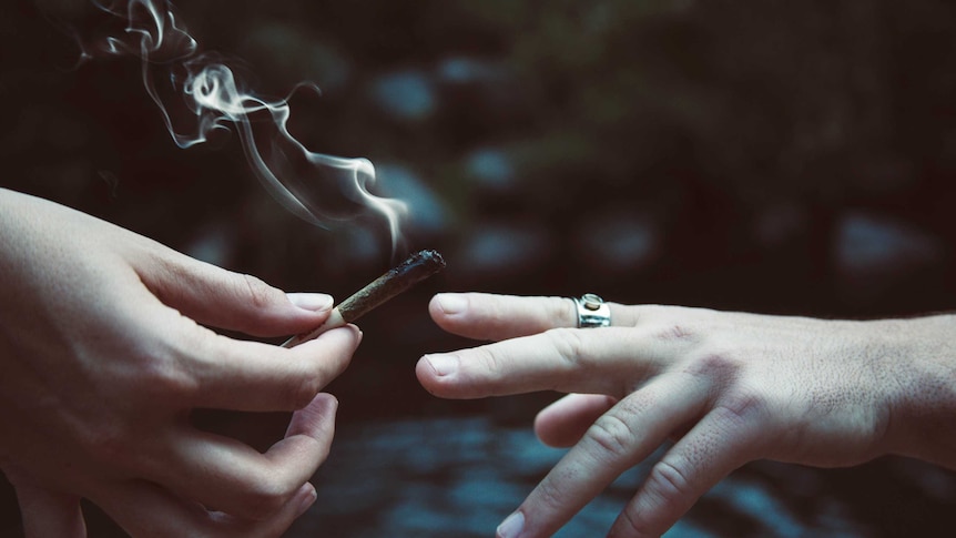 Two young people pass a joint between them.