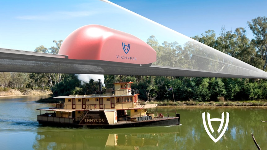 An artist's impression of a high-speed travel pod system crossing a bridge over the Murray River, with paddlesteamer underneath.