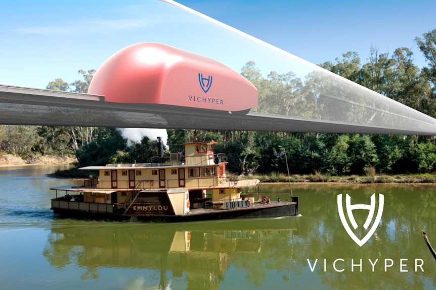 An artist's impression of a high-speed travel pod system crossing a bridge over the Murray River, with paddlesteamer underneath.