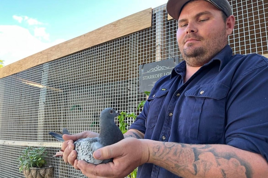 A man in a blue button up shirt holds a pigeon in his hands in front of a cage.