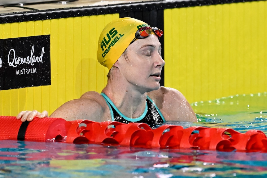 Cate Campbell with her eyes closed after missing the 100m freestyle final at the Australian Olympic trials.