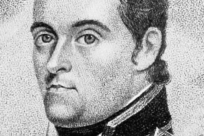 Black and white head and shoulders illustration of a historical figure in an army collar.