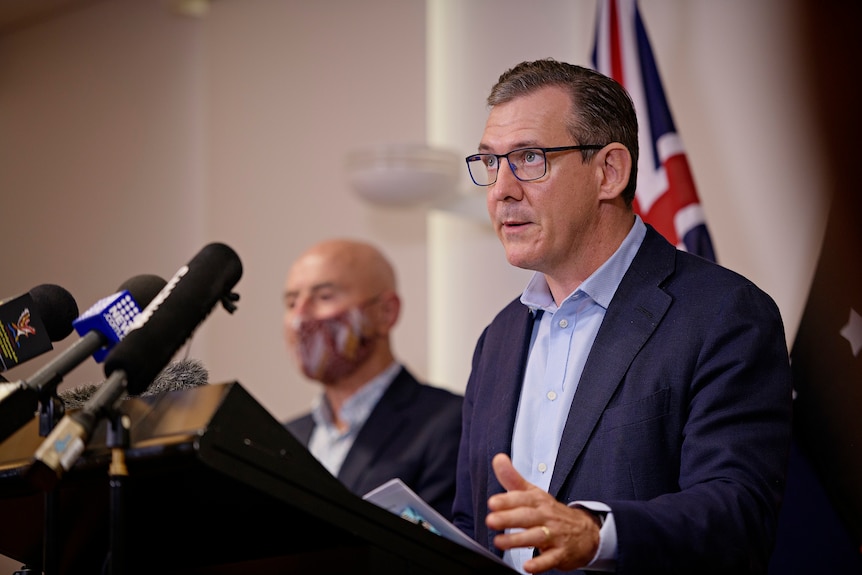 Chief Minister Michael Gunner at COVID press conference on Wednesday, June 30 2021 with Hugh Heggie in the background.