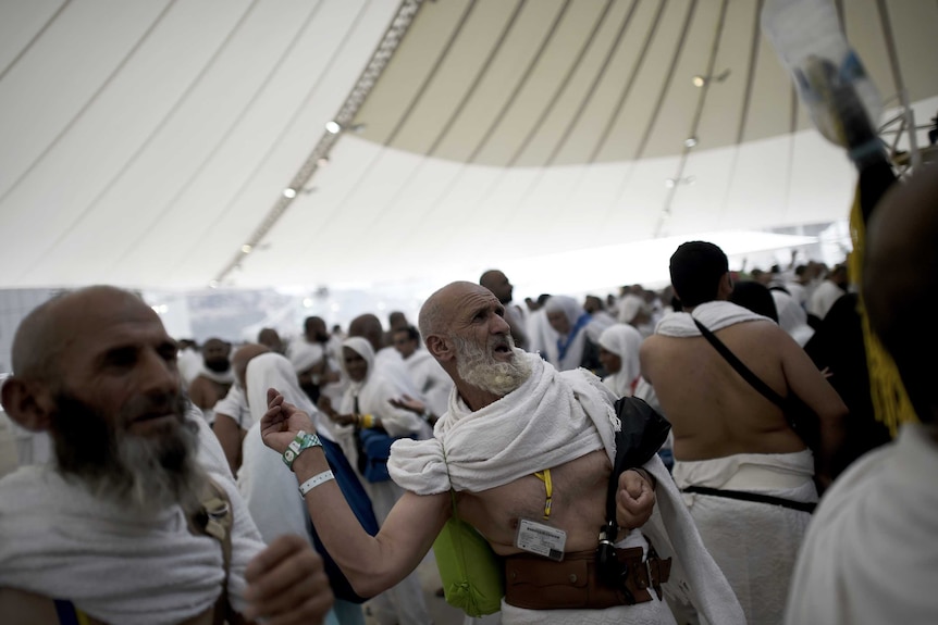 Muslim pilgrims throw pebbles at pillars during the "Jamarat" ritual, the stoning of Satan, in Mina September 2015