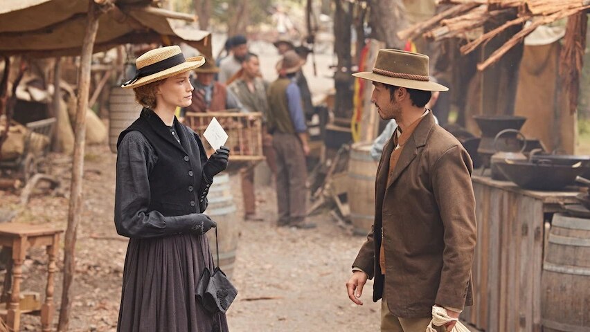 Belle Roberts and Leung Wei Shing meet in a Ballarat mining camp in the drama series New Gold Mountain.