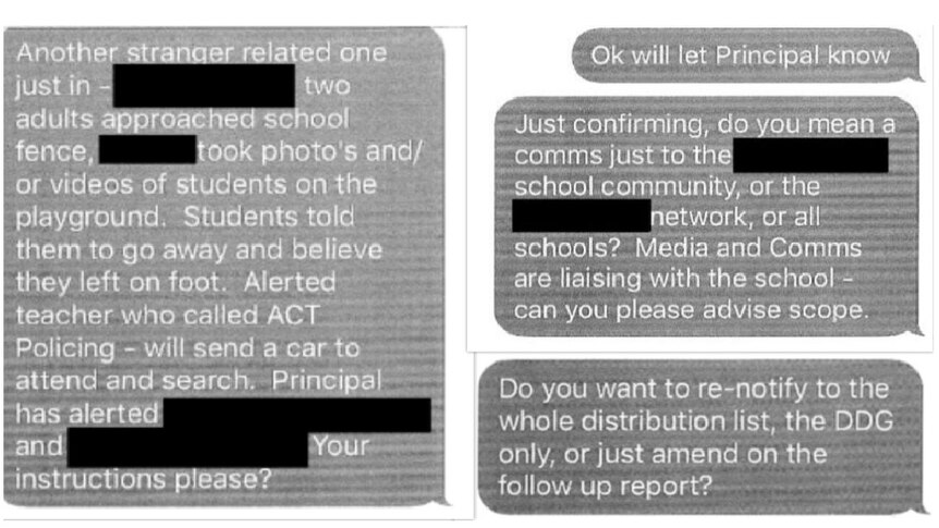 A collage of text messages sent regarding stranger danger approaches in Canberra between February and August.