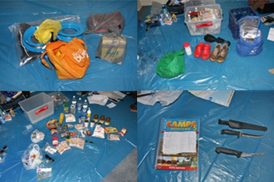 Composite photo of items laid out on a tarpaulin.