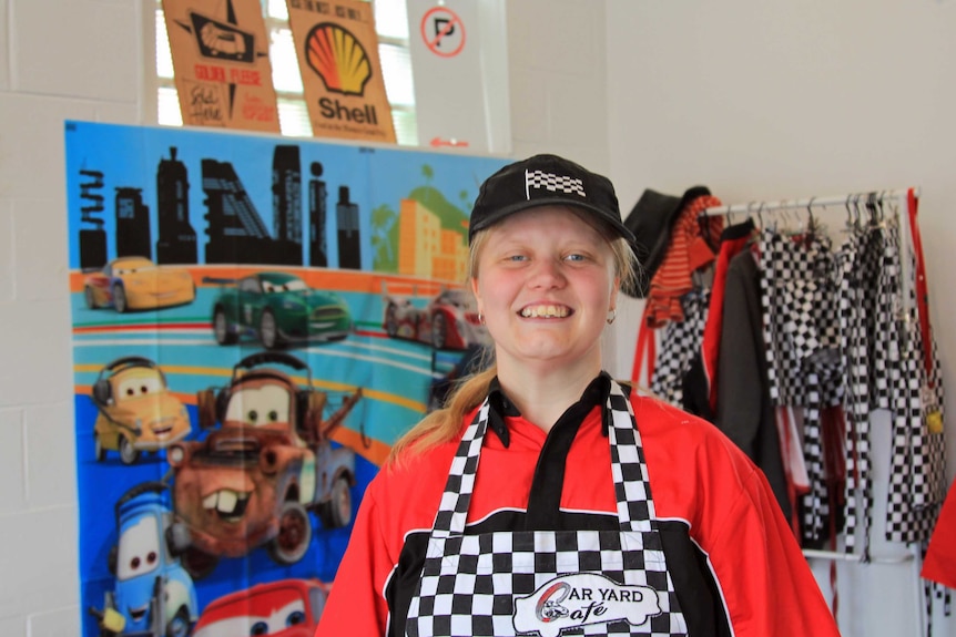 Sam in the dining room of the Car Yard Cafe