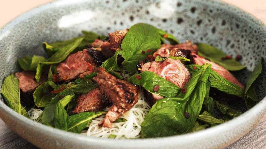 Close up of kangaroo salad with mint leaves to depict how to cook and enjoy kangaroo.