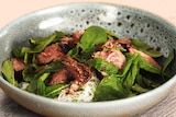Close up of kangaroo salad with mint leaves to depict how to cook and enjoy kangaroo.