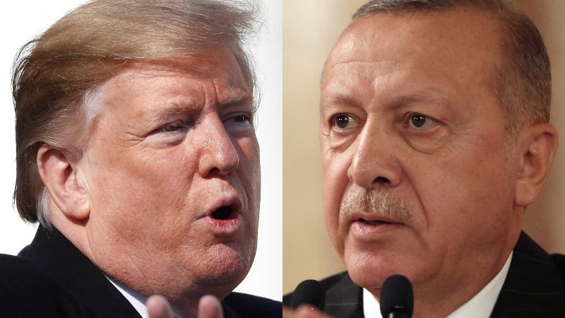 A composite image showing Donald Trump and Turkish President Recep Tayyip Erdogan, speaking at different press conferences.