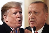 A composite image showing Donald Trump and Turkish President Recep Tayyip Erdogan, speaking at different press conferences.