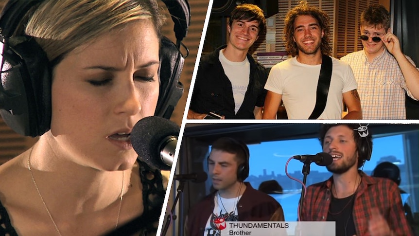 A collage of Missy Higgins, Tom & Alex with Matt Corby, Thundamentals performing for Like A Version in 2012