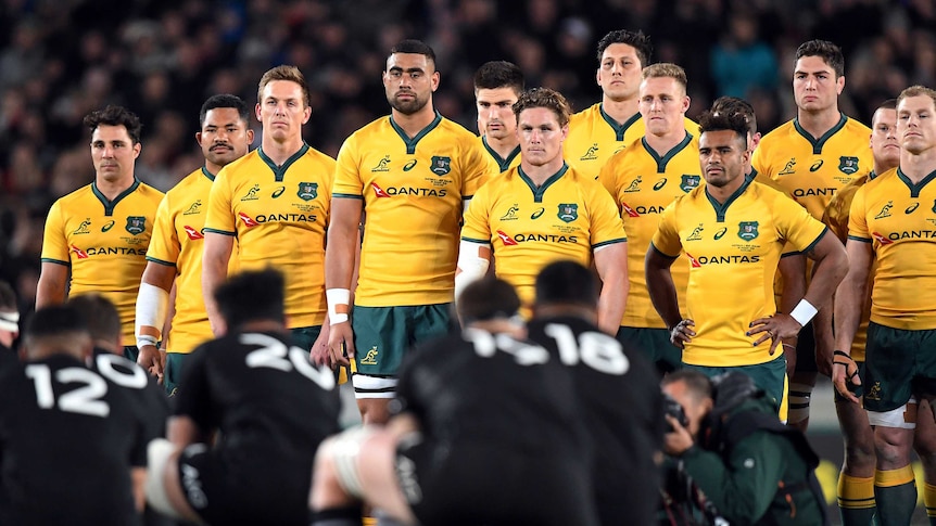 Australian players watch New Zealand perform the Haka ahead of the Wallabies' match with the All Blacks, Eden Park, Auckland