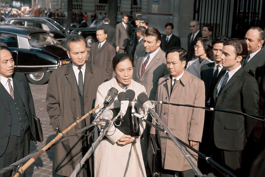 Madame Nguyen Thi Binh, representative of the National Liberation Front of South Vietnam, gives a press conference in Paris.