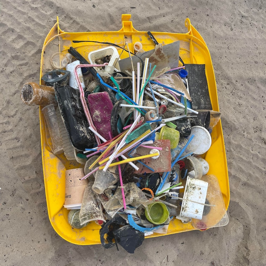 A collection of plastic on a beach