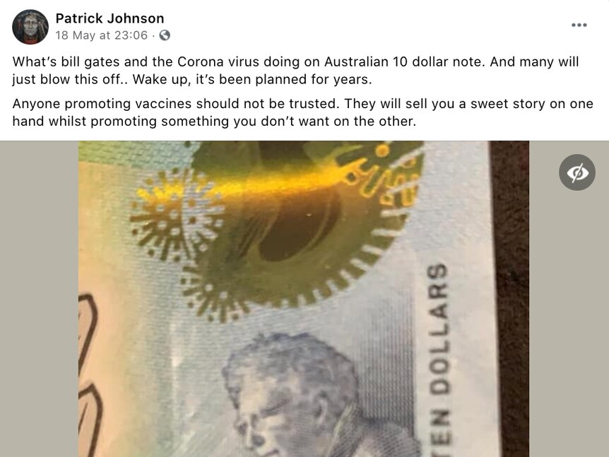Facebook post claiming Bill Gates is on the Australian 10 dollar bill with a large debunked stamp on top