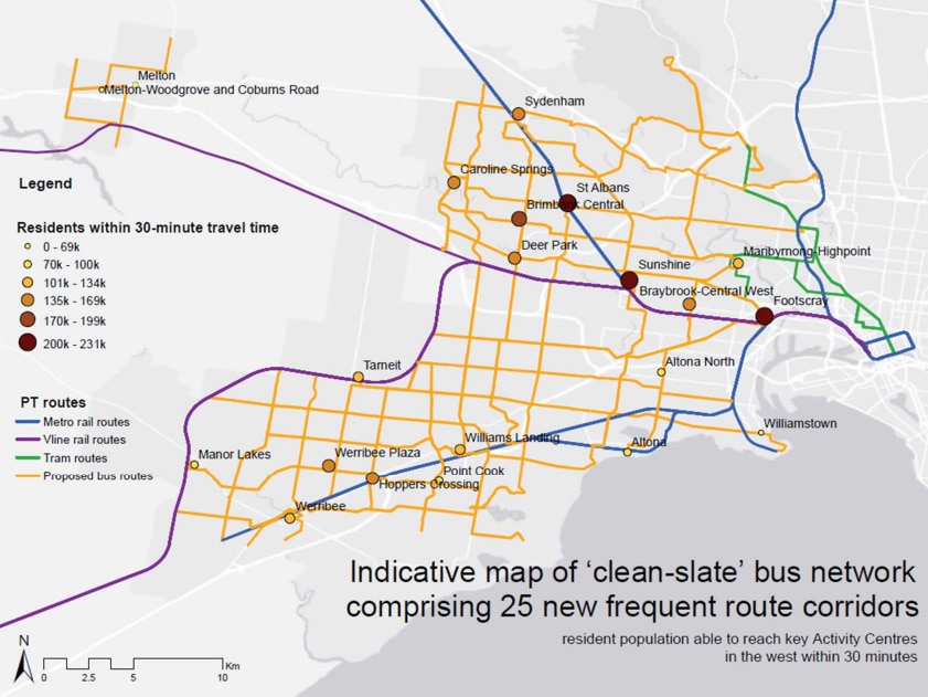 A depiction of a proposed new bus network for Melbourne's west.