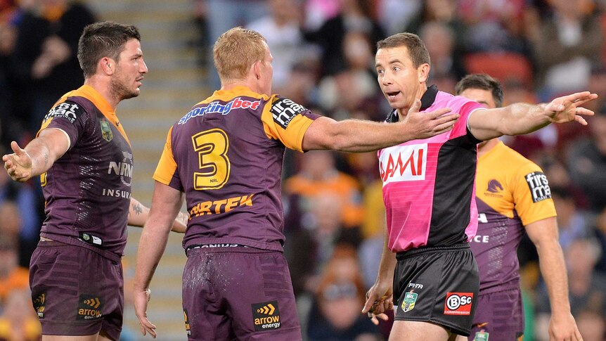 Broncos Jack Reed argues with referee Ben Cummins