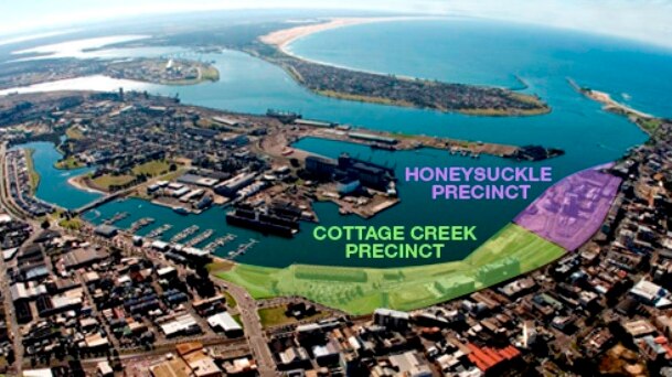 Aerial photograph of Newcastle Harbour and the Honeysuckle and Cottage Creek precincts