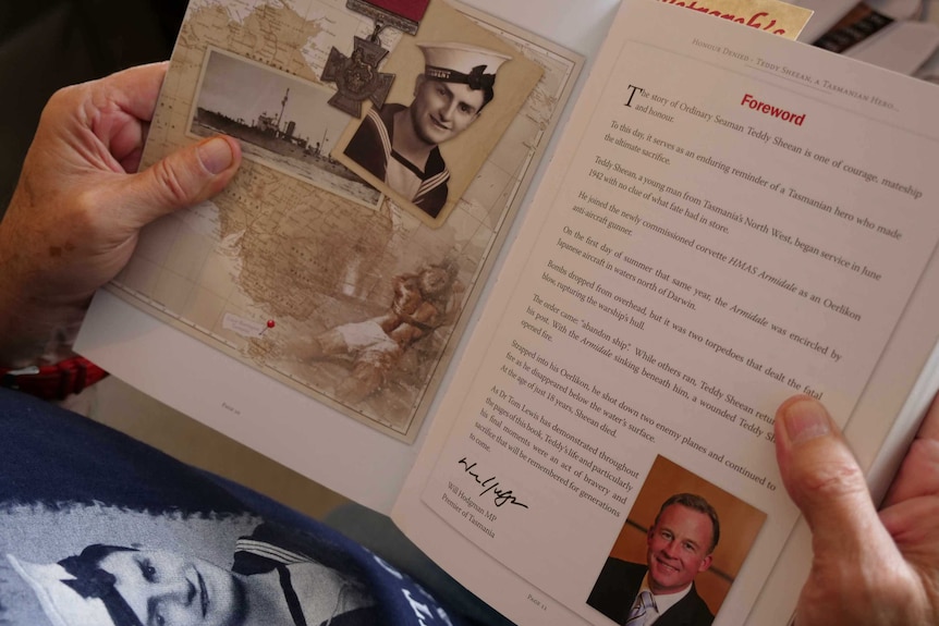 Close-up of book about Teddy Sheean called 'Honour Denied' by Dr Tom Lewis, 2019